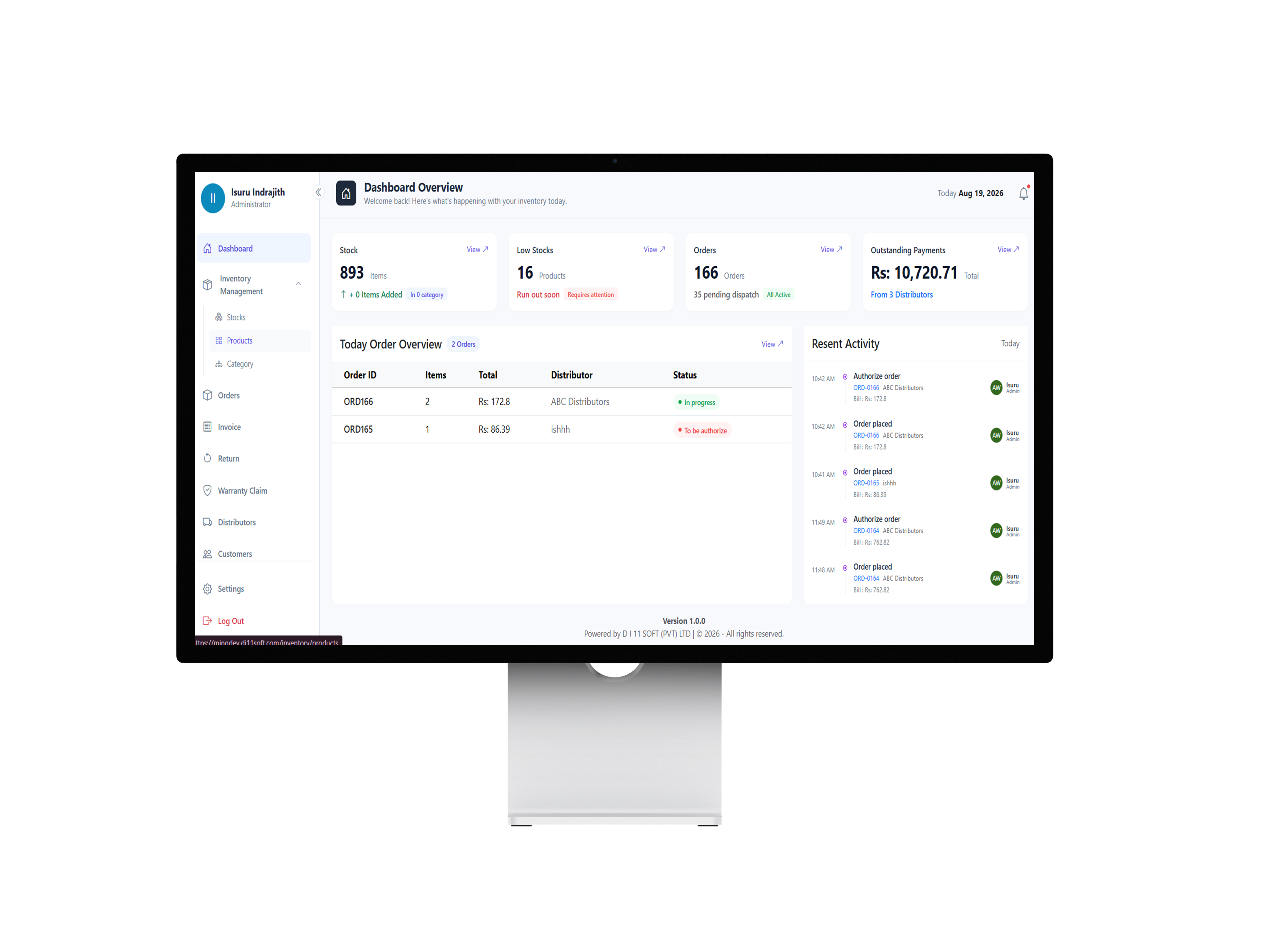Wholesale Inventory &amp; Distributor Management System Dashboard preview